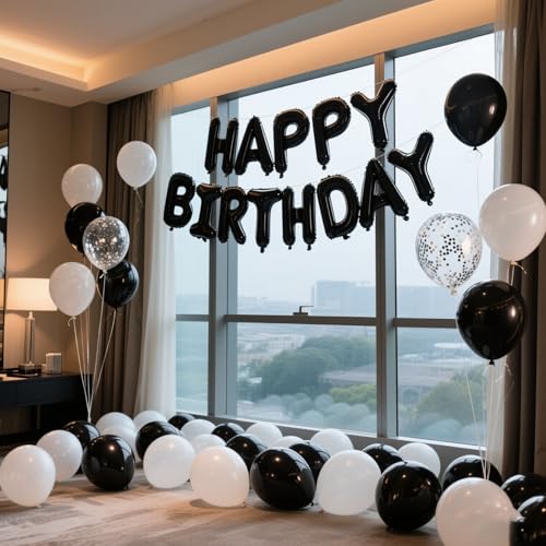 Image of Black Happy Birthday Balloon Banner Set -16 Inch Foil Letters Balloons, Reusable Birthday Decorations and Party Supplies, Suitable for Men and Women's Birthday Decorations,Party Backdrop