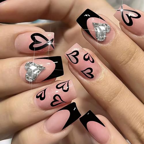 24Pcs Black Heart Press on Nails Square Short Fake Nails with 3D Heart Nails Rhinestones Design Valentines Press ons French Tip Glue on Nails Pink False Nails Valentines Stick on Nails for Women