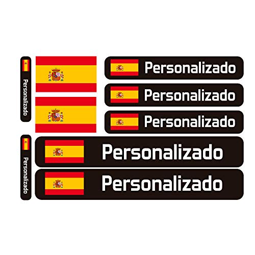 Haberdashery Online Kit 9 Pegatinas Personalizadas para Motos, automóviles o Bicicletas. Etiquetas con tu Bandera y tu Texto. Modelo: Negro