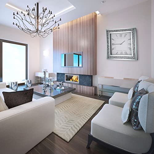 2 Pieces Crystal Crush Diamond Mirrored Clocks 20 X 20" Square Decorative Mirror Wall Clock Large Square Wall Clock Sparkle Twinkle Bling Wall Decor For Living Room Bedroom, Aa Battery Not Included #TOP4