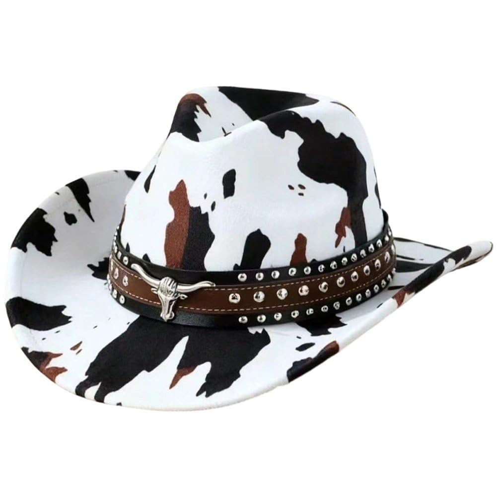 Fituenly Cow Print Western Cowgirl Hat with Buckle Detail Fashionable Wide Brim Fedora for Women and Men Country Wear