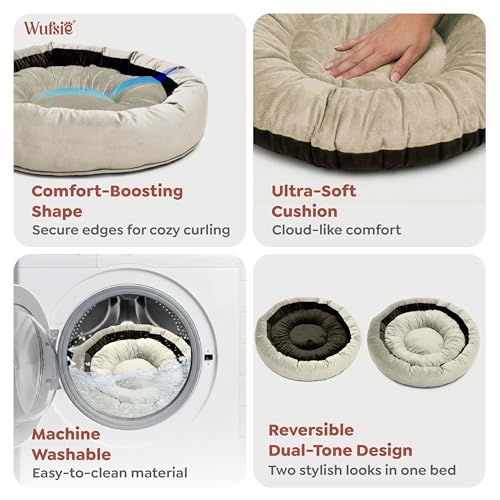Image of Velvet Dog Bed in Round Shape | Medium 70 Cm | Premium Velvet Pet Bed for Cats and Puppies | Soft & Cozy Sleeping Bed for Dog with Removable Insert | Brown & Cream