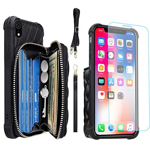 MONASAY Zipper Wallet Case for iPhone XR,[Glass Screen Protector ][RFID Blocking] Flip Leather Handbag Phone Cover with Card Holder & Detachable Crossbody Shoulder Lanyard Strap, Black