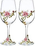 Simcat Handmade Painted Enamel Flower Glass Wine Glasses Transparent Refined Goblet, Stem For Cabernet, Gifts (Double pink gift box,2 Gift Box)