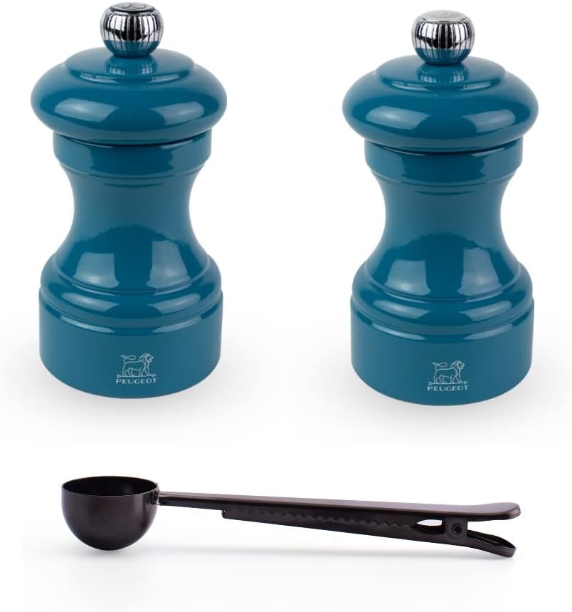 Peugeot Bistro Manual Salt & Pepper Mill Gift Set, Gloss Painted Wood, 10 cm - 4″- With Stainless Steel Spice Scoop/Bag Clip (Pacific Blue)