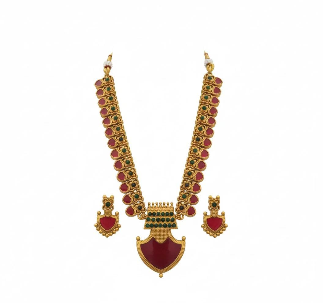 temu india Traditional Temple Jewellery Necklace Set with Ruby & Green Stone Detailing – Ethnic Gold Plated Bridal Necklace Set for Women | Wedding & Festive-picture-43