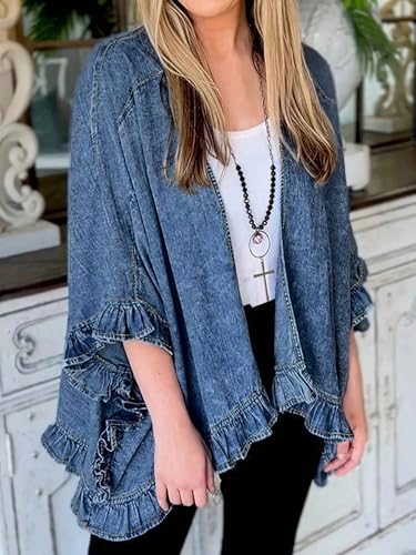 Women's Ruffled Denim Jacket 2025 Trendy Jean Jackets Vintage Loose Poncho Lapel Neck Irregular Denim Trench Coat3