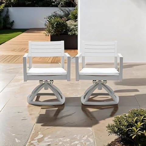 HOMIQUEEN Patio Swivel Chairs Set of 2, Outdoor Aluminum Metal Swivel Rocking Chair with Cushions, Furniture Conversation Set for Backyard, Garden, Deck, Porch, Balcony, White Cover