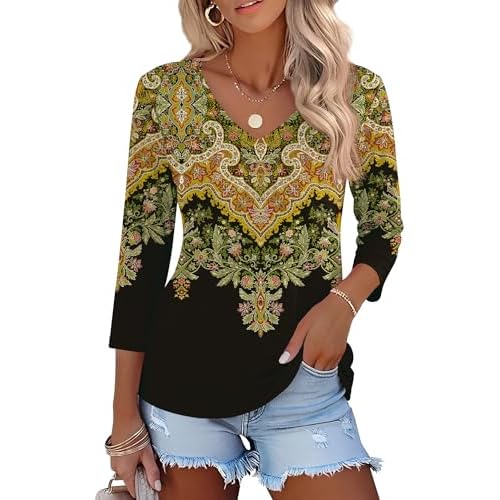 Lomon Women's V Neck T Shirts 3/4 Sleeve Blouse Summer Tops Dressy Casual Basic Tees Boho Green Large