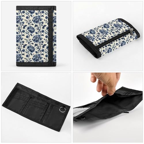 Retro Blue Flowers Print Wallet for Men, 8 Credit Card Holder Slim Minimalist Front Pocket Small Mens Bifold Wallets4