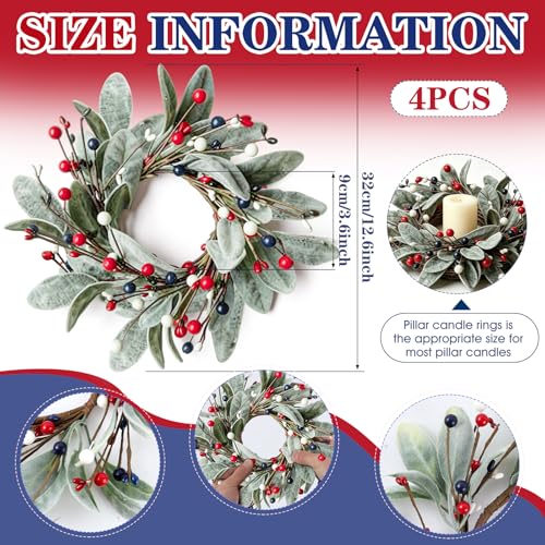 Image of 4 PCS Patriotic 4th of July Candle Rings Wreaths Independence Day Candle Rings Holder with Red White Blue Berries & Lamb's Leaves Mini Memorial Day Labor Day Wreath for Home Table Centerpiece Decor
