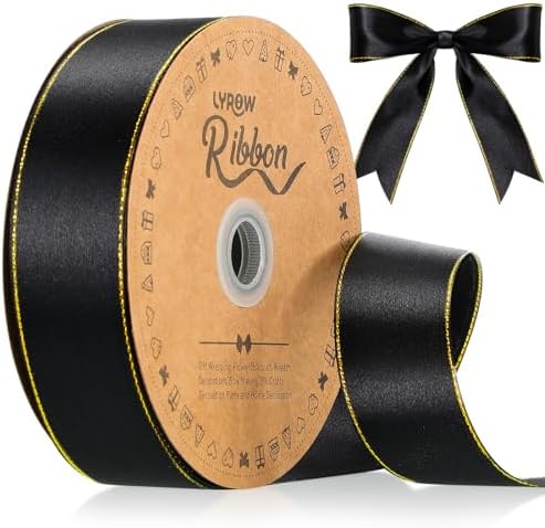 Lyrow 100 Yards Black Satin Ribbon with Gold Edges 1.5 Inch Gold ...