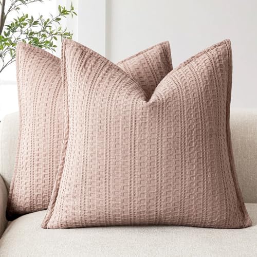 Image of Foindtower Set of 2 Decorative Cotton Waffle Weave Throw Pillow Covers Euro Shams Cushion Covers Accent European Pillowcase for Bed Couch Sofa Bedroom Living Room Home Decor 24x24 Inch Dusty Pink