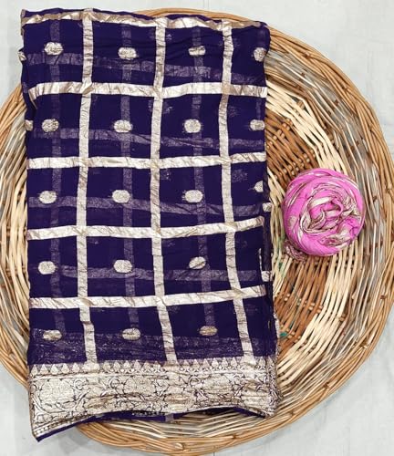 Image of Women's Pure Viscose Georgette Checks Zari Fabric Jaipuri Saree with Matching Blouse