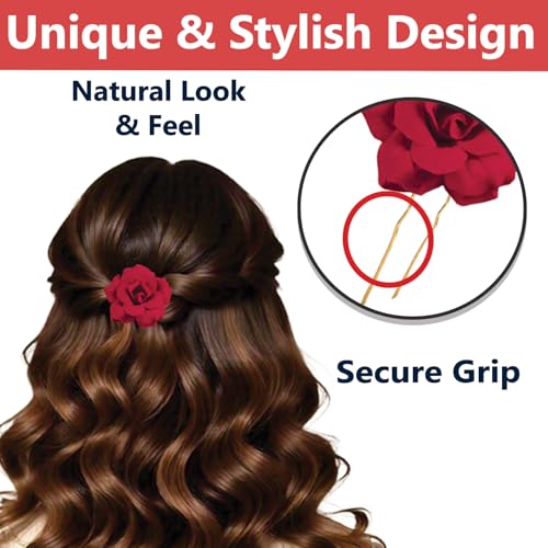 Image of TEMPERIA (6pcs) Hair Accessories For Women & Girls - Bridal Brooch & Braid for Hairstyle of Bride, Wedding & Party - Stylish Red Rose Artificial Flowers Bun Juda U Pins & Clips for Style & Decoration