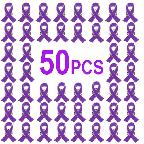 50 Pcs Purple Ribbon Pins Domestic Violence Awareness brooches Alzheimer’s Awareness, Epilepsy, Pancreatic Cancer, Lupus Awareness Lapel Pin