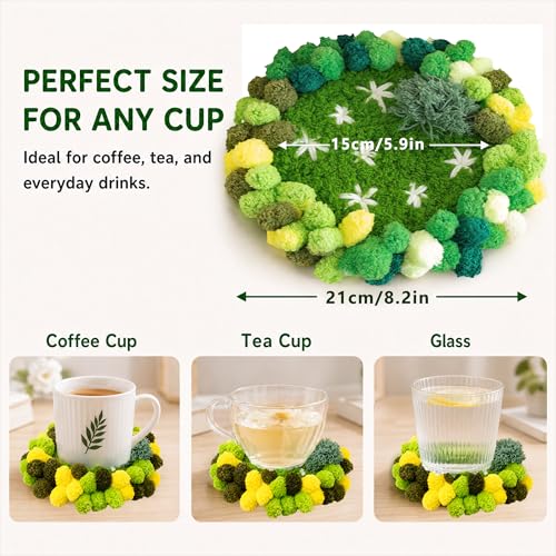 Image of beausougon Latch Hook Kits for Adults Beginners with 3D Moss Design Coasters, 2 Pack DIY Craft Kit with Soft Yarns and Tools