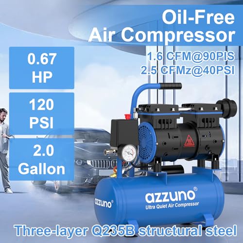 Image of AZZUNO 2 Gallon Air Compressor, 1.6CFM@90PSI Oil Free Air Compressor Tank & Max.116PSI Pressure, 60 dB Ultra Quiet Compressor for Auto Repair, Tire Inflation, Spray Painting, Woodwork Nailing