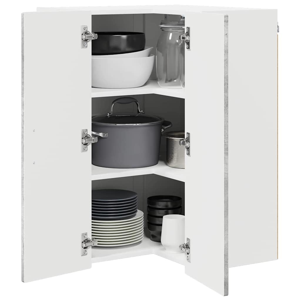 Armario esquinero de pared Porto Hormigón, gris, 57 x 57 x 80 cm, madera, 3 estantes, 2 puertas, con montaje en pared, espacio de almacenamiento para utensilios de cocina, armario de despensa
