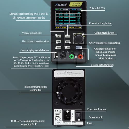Bench Power Supply, 60V 10A 300W Adjustable Bench Power Supply, with 10mV / 1mA High Resolution 4-Digits 2.8 inch LCD Display, USB Fast Charging(110V Input Voltage)