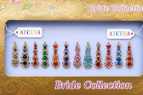 Multicolored Crystal Bindi Bridal Face Jewels Forehead Tika Indian Bindis for Women - Multicolor Round Long Small Gold (Long Bindis - 12 Bindi)