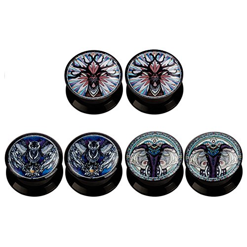 KUBOOZ(3 Pairs) Animal-Art Acrylic Ear Plugs Tunnels Gauges Stretcher Piercings