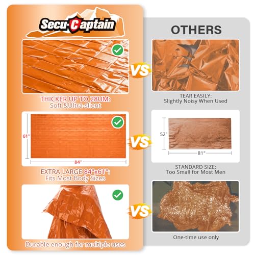 Image of SecuCaptain Survival Emergency Thermal Blankets: Thicken 28um Space Mylar Blanket Kit for Outdoor Cold Winter Camping, Hiking, Car Bug Out Bag, or First Aid - Orange 4 Pack