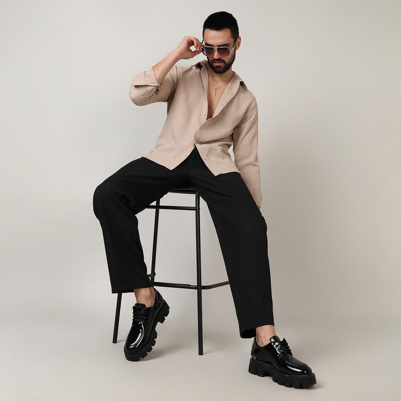 Image of CAHOOT Men's Self-Design Striped Shirt for Casual Wear | Spread Collar | Long Sleeve | Button Closure | Shirt Crafted with Comfort Fit for Everyday Wear