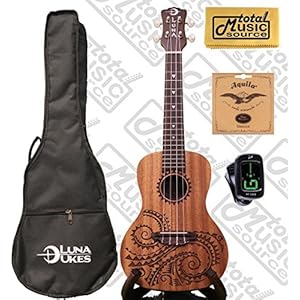 Luna Mahogany Tattoo Concert Ukulele LEFTY w/Strings,Tuner & CP, UKE TC MAH L COMP