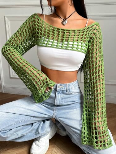 Image of hathne Women Hollow Out Sweater Crop Flounce Off Shoulder Open Knit Top See Through Crochet Trumpet Long Sleeve Knit Top(Green,XL)