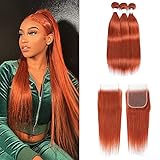 REMY HAIR Straight Burnt Orange 3 Human Hair Bundles with Free Part 4×4 Lace Closure 100% Brazilian Mermaid Remy Orange Human Hair Weaves for Women #350 (12 14 16 + C10)
