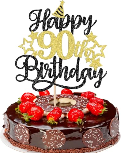 Image of Confetti! Glittering 90th Birthday Cake Topper with Star Hat - Cheers to 90 Years! Fabulous Cake Decorations for Elders 90th Birthday & Anniversary Party Supply