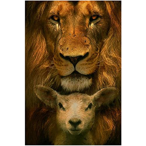 Leinwand-Wandkunst, Löwe und das Lamm, ungerahmt, Ölgemälde auf Leinwand, Wandkunst, abstrakte Kunst, Leinwand, Gemälde, Wildtierdrucke, Bilder, Heimdekoration, 40.6x61 cm Cover