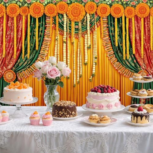 Image of 7X5ft Indian Pooja Backdrop Traditional Diwali Puja Ganpati Background Marigold Garland Drape for Wedding Party Religious Festival Decor Photo Booth Studio Props