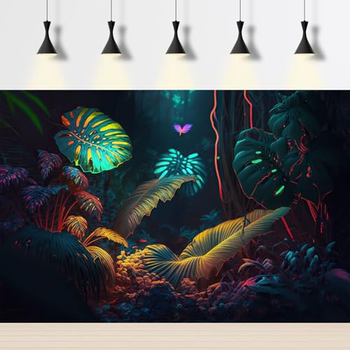 Image of Jungle Leaves Aquarium Background Neon Colors Rainforest Plants Leaves Fish Tank Background Abstract Neon Colors On Leaf Reptile Tank Backgrounds Jungle Style Reptile Enclosure Backgrounds 60x24in