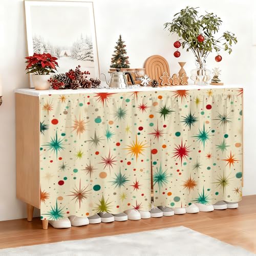 Image of Self Adhesive Retro Starburst Cabinet Curtain for Mother's Day, 39x28 Inch Mid-Century Modern Under Sink Skirt No Drill, Spring Cleaning Kitchen Decor, Hook and Loop Valance