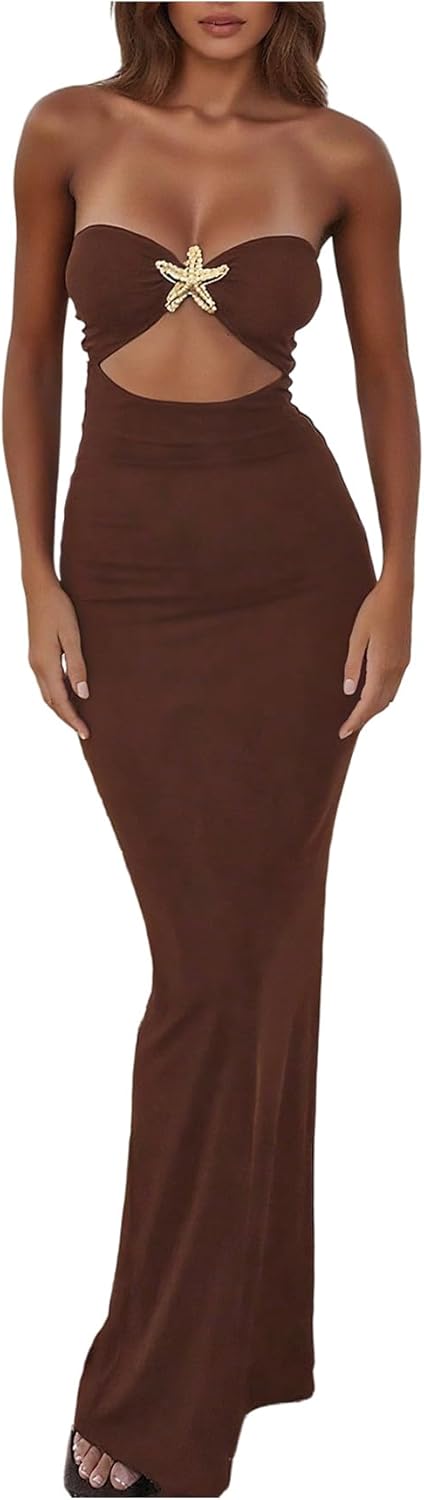 GORGLITTER Women's Strapless Tube Dress Starfish Slit Backless Cut Out Bodycon Maxi Long Cocktail Dress