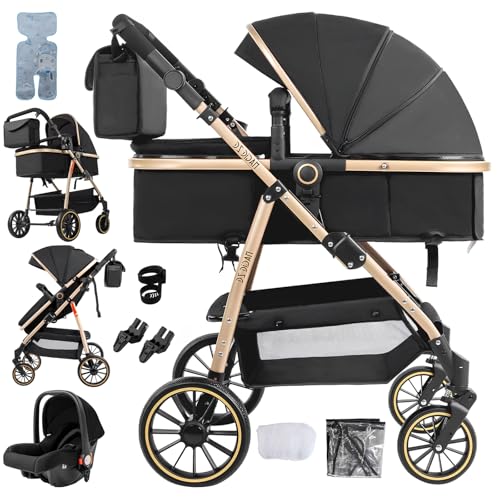 Sistema de viaje para bebé Oubeauou 3 en 1 con moisés anti-sacudida, sillita de paseo convertible y capazo para bebé, vista alta, absorción de impactos, estructura de aluminio, para bebés desde el
