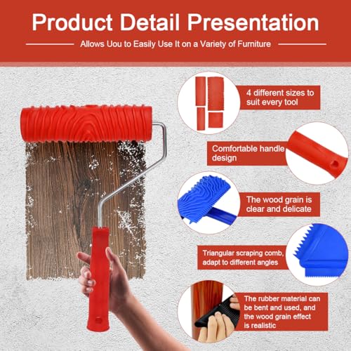 STAXAR 8 Stück Holzmaserung Werkzeug Painting Holzmaserungswalze Holzmaserungswalzen Werkzeuge mit Griff Gummi Holzstruktur Werkzeug zum Dekorieren Gummi Malwerkzeug für Wanddekoration