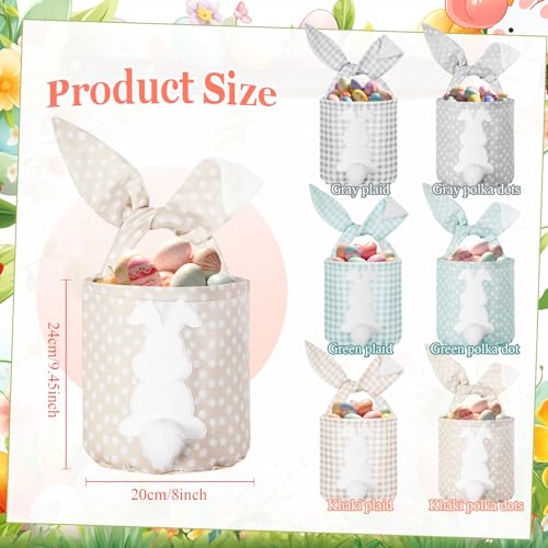 Image of Cosblank 6 Pcs Bunny Canvas Bags Rabbit Print Basket with Foldable Ears Candy Goodie Bunny Tote Gift Bag for Birthday Party Decorations Supplies(Vivid Color,Plaid and Dot)