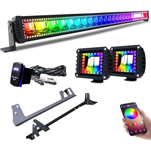 Lpteso RGB LED Light Bar 52 inch + 2PCS 4 Inch Flood RGB LED Pods with 16 Solid Colors Chasing Ring Changing with Strobe Flashing with Upper Windshield Mounting Brackets Fit Wrangler JK 2007-2018