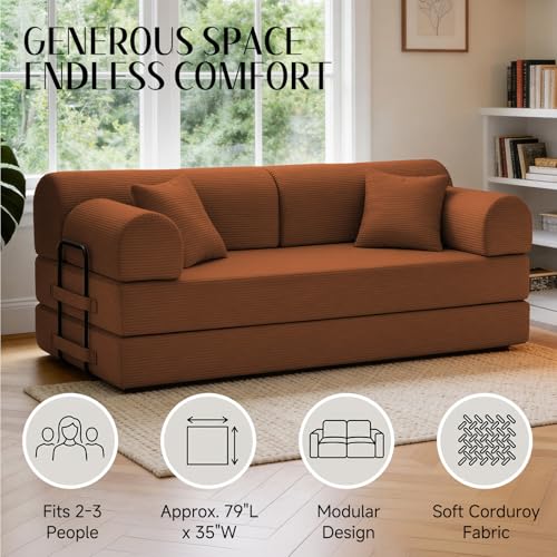 Image of 79'' Convertible Sofa Bed, 6 in 1 Folding Floor Futon Couch Sleeper with Fixed Frame, Corduroy Modular Sofa Bed with Removable Armrests & Pillows, No Assembly for Living Room Bedroom (Orange)