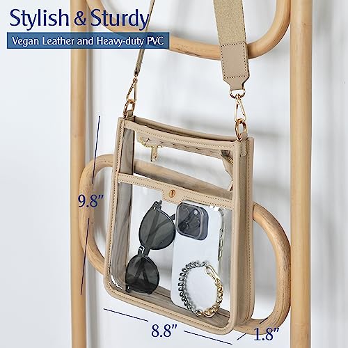 Women's Clear PVC Cross Body Bag Zipper Pocket Shoulder Bag with Vegan Leather Trim Stadium Approved Transparent Purse2