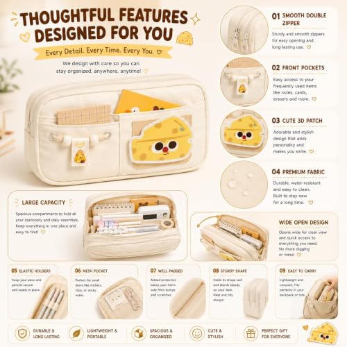 Image of Cute Aesthetic Pencil Case for Girls & Boys | 3 Layer 6 Compartment Large Capacity Pencil Pouch with Zipper | Cartoon Stationery Organizer Bag for Students & Kids (Beige)