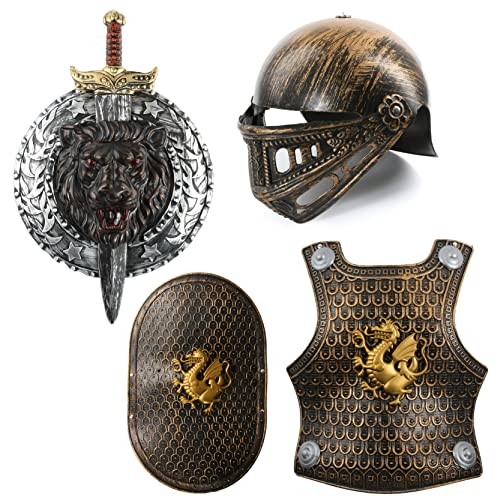 Costume d'armure pour enfant – Casque de chevalier en bronze, plastron, bouclier en bronze et épée et bouclier dorés – Déguisement historique médiéval pour enfants