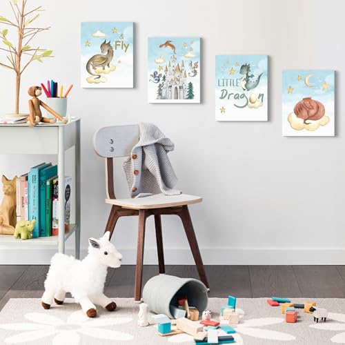 Image of CHDITB Little Dragon Wall Art, Spread Your Wings Framed Canvas Wall Art Set, Fantasy Dragon Decor, Magical Castle Painting, Inspiring Quote Art Prints For Kids Room Nursery Decor(12X16 Inch)