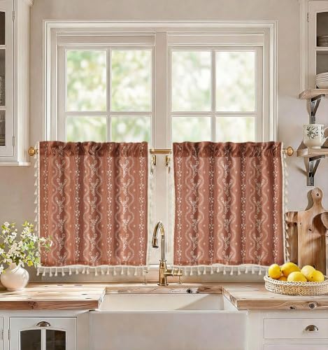 Image of Miss Adola Boho Kitchen Curtains - 24 Inch Length Linen Blend Floral Burnt Orange Cafe Curtains Tassels Tier Curtain Short Drapes Rod Pocket for Bathroom Living Room Windows Light Filtering, 2 Panels