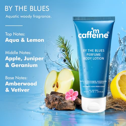 Image of mCaffeine By The Blues Perfume Body Lotion 200ml | 5% Niacinamide & Glutathione for Brightening & Detan | Aquatic-Woody Fragrance | 72H Moisturization| Daily Use Summer Cream Bodylotion for Men & Women