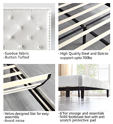 Full Upholstered Platform Bed Frame With 48" Tall Adjustable Headboard - Button Tufted Suede Velour Bed- Wood Slat Support With Storage Space- No Box Spring Needed - Beige - Oliver & Smith - Princeton #TOP5