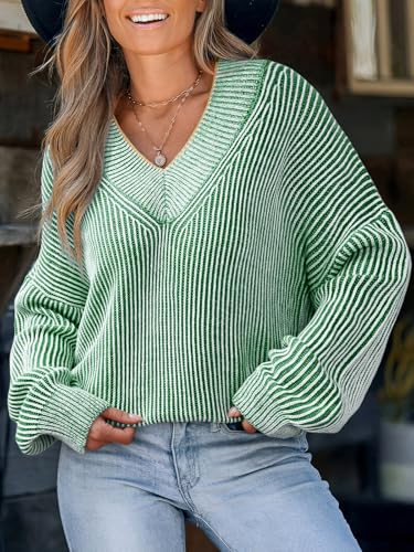 Image of CUPSHE Womens Sweaters Oversized Sweater Loose Fit Long Sleeve Sweater V Neck Striped Pullover Sweater Tops